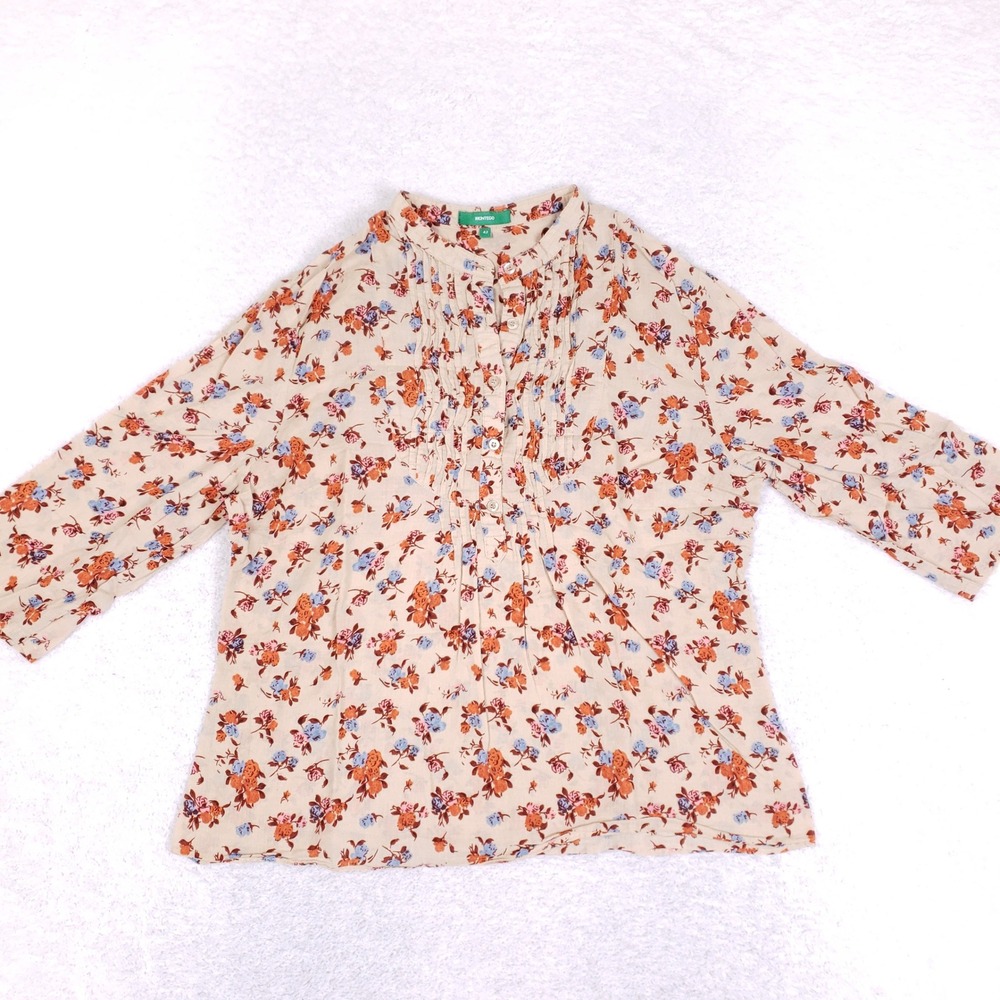 Montego Floral Peasant Blouse Womens Size 42 L Orange Blue Boho Pleated Shirt